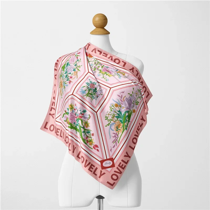 Korean version of fashion spring and autumn light twill silk small square scarf professional decoration flower letter scarf