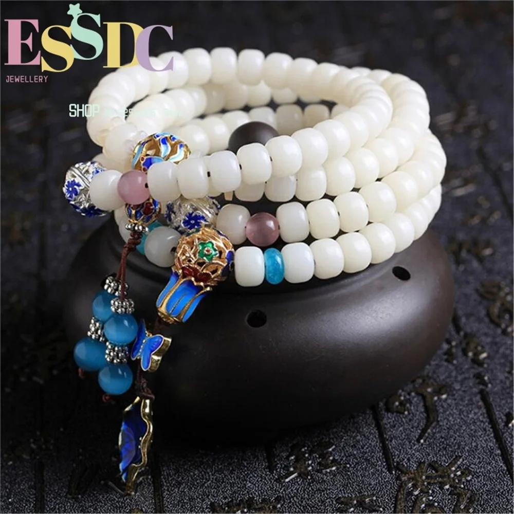 

Fashion Hainan Natural White Bodhi Root 108 Mala Women's Cloisonne Charm Buddhist Prayer Beaded Bracelet Wholesale