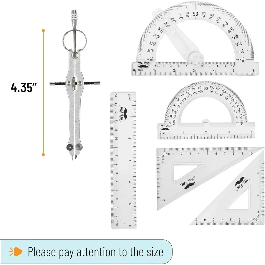 15-Piece Geometry Set with 6-Inch Protractor, Compass & Ruler - Essential Back-to-School Math Supplies for Students