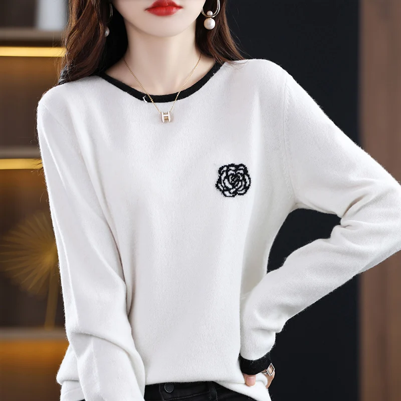 

Spring And Autumn High Quality Pure Wool Contrast Color Round Neck Women's Sweater Camellia Embroidery Long-Sleeve Knitted Top