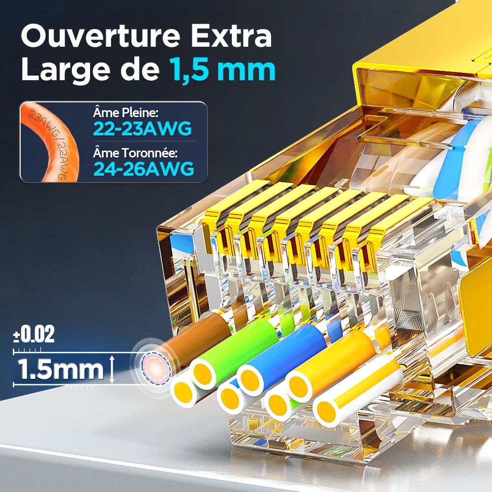 Obrázek 3: AMPCOM rj45 kolíček CAT6A míjet naskrz stíněné w/load pult 50/3U zlato pokovené, zlacený měď lastura OD 1.5mm (22-26AWG), 6-50PCS