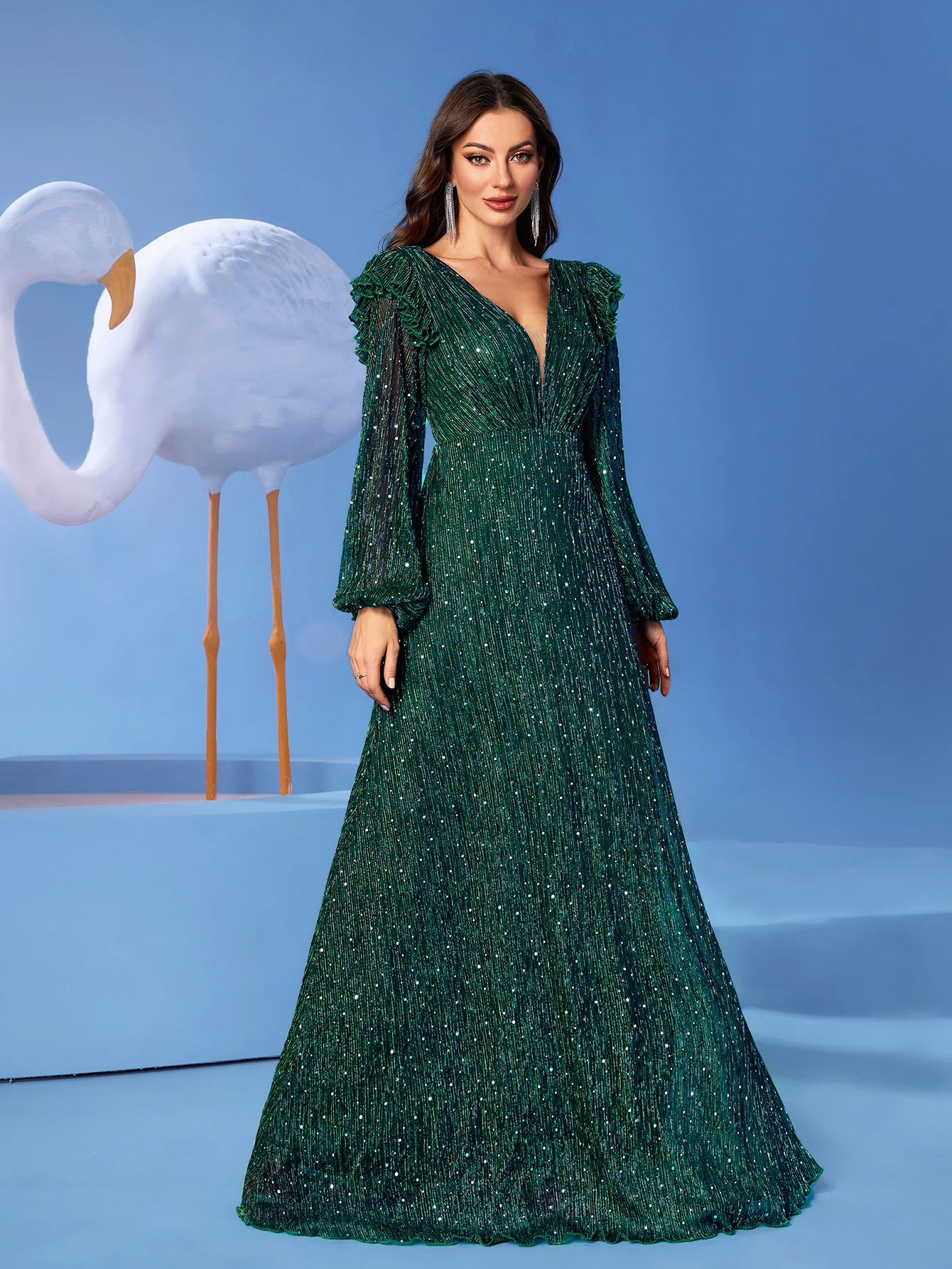

UNITHORSE Sequin Spliced Gown with Front & Back V-neck, Ruffle Lantern Sleeves and Pleated Bodice