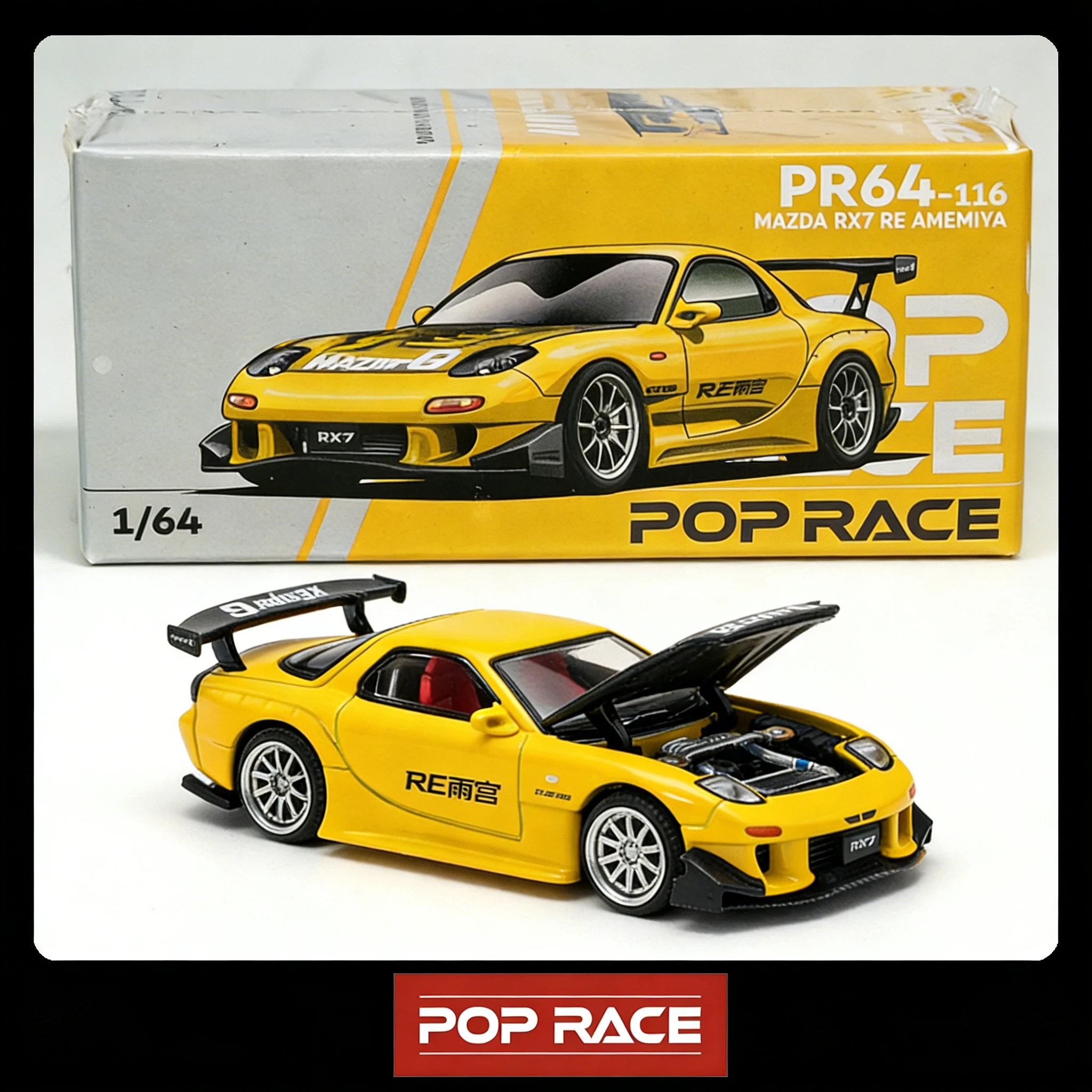 

POP RACE PR640116 1:64 Mazda RX-7 FD3S RE Amemiya Yellow Diecast Model Car With Openable Hood In Stock Ready To Ship