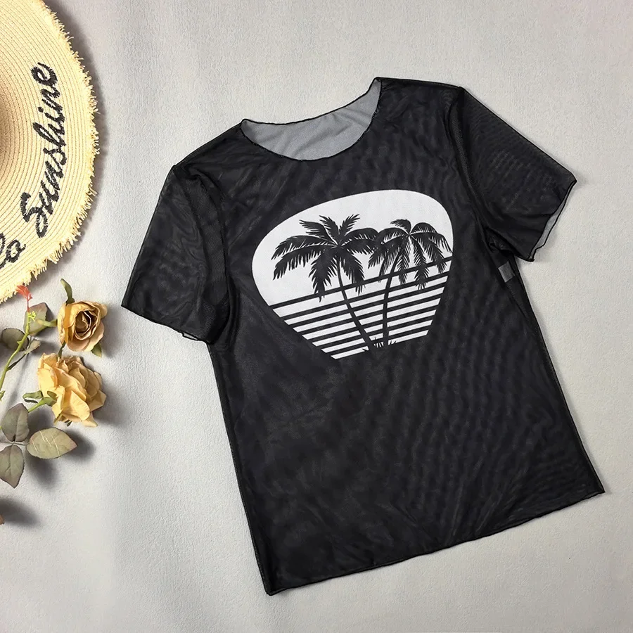 Coconut Tree Print Bikini Set Women Black Long Sleeve Cover Up 3 Piece Swimsuit 2025 Bathing Suit High Waist Panties Swimwear