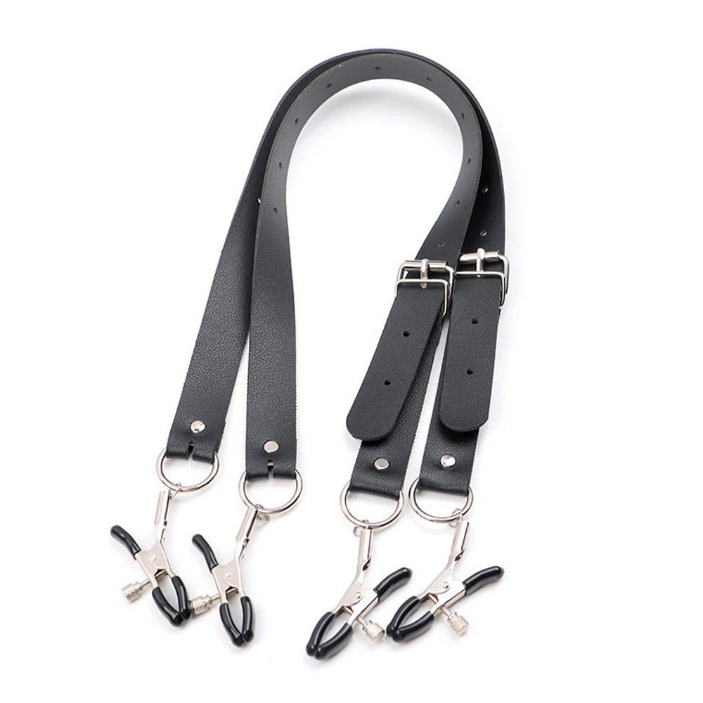 Adjustable PU Leather Collar with Clitoral Nipple Clamps Black BDSM Restraint Strap Metal Clip Bondage Kit Couple Intimacy Tool
