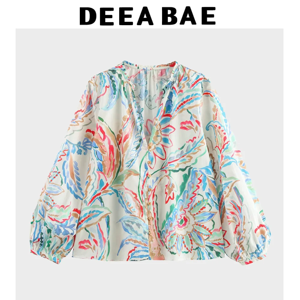 DEEABAE Korean Style Women's Retro Loose Casual Printed Fashionable Temperament Poplin Long Sleeved Shirt