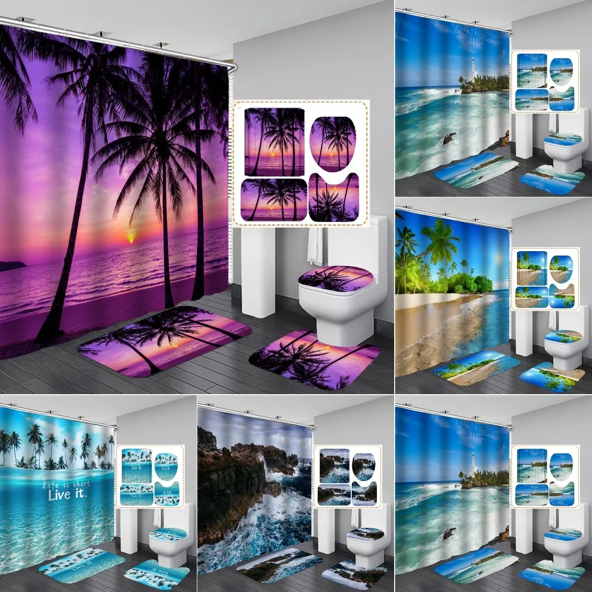 

Beach Ocean Sea Theme Shower Curtain Bath Mat Set Sunrise At Tropical Scene Decor Waterproof Non-Slip Bathroom Rug