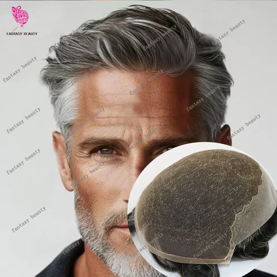 

Grey Black 1B40 1B65 Men Q6 Toupee Breathable Swiss Lace 100% Human Hair Undetectable Bleach Knots Capillary Prosthesi Hairpiece