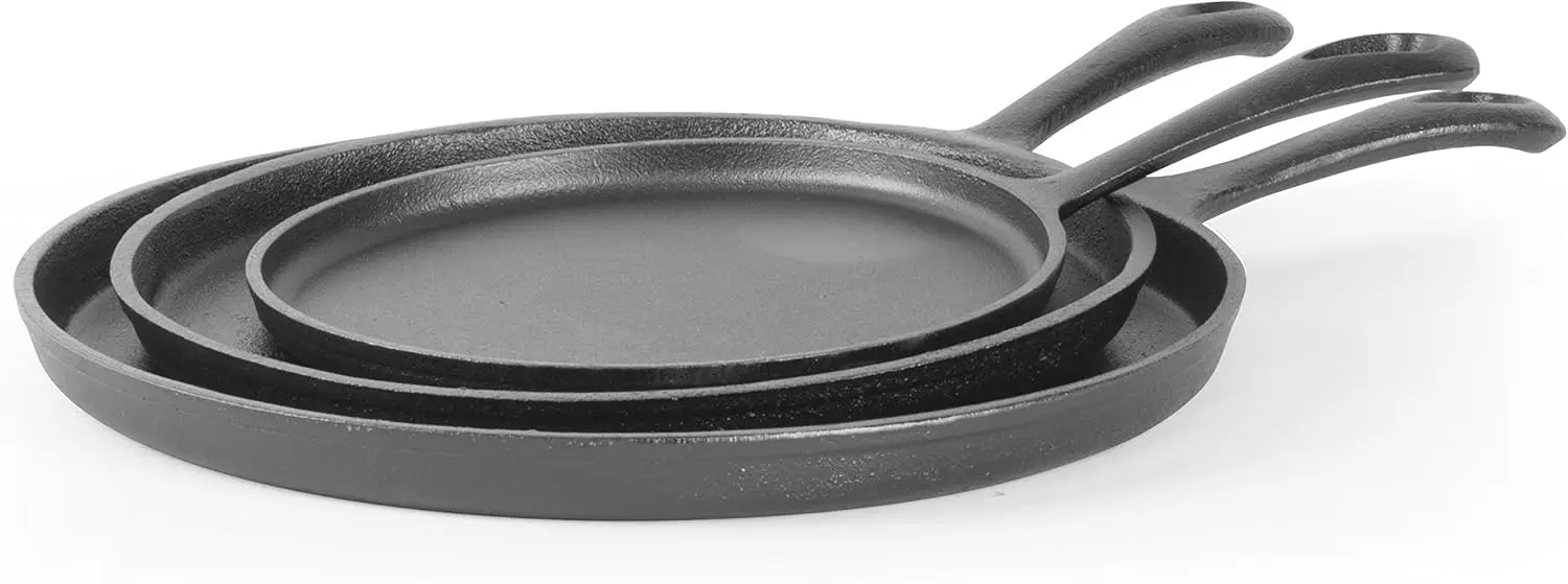

3-Piece Cast Iron Griddle Set, Pre-Seasoned, Includes 8", 10" & 12" Pans for All Cooktops and Outdoor Use