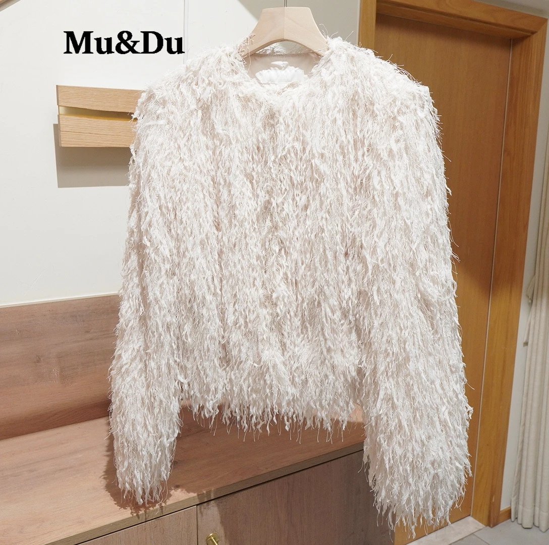 Fashion Beige Faux Fur Coat Women's Round Neck Loose Long Sleeves Short Jacket Autumn New Outerwear