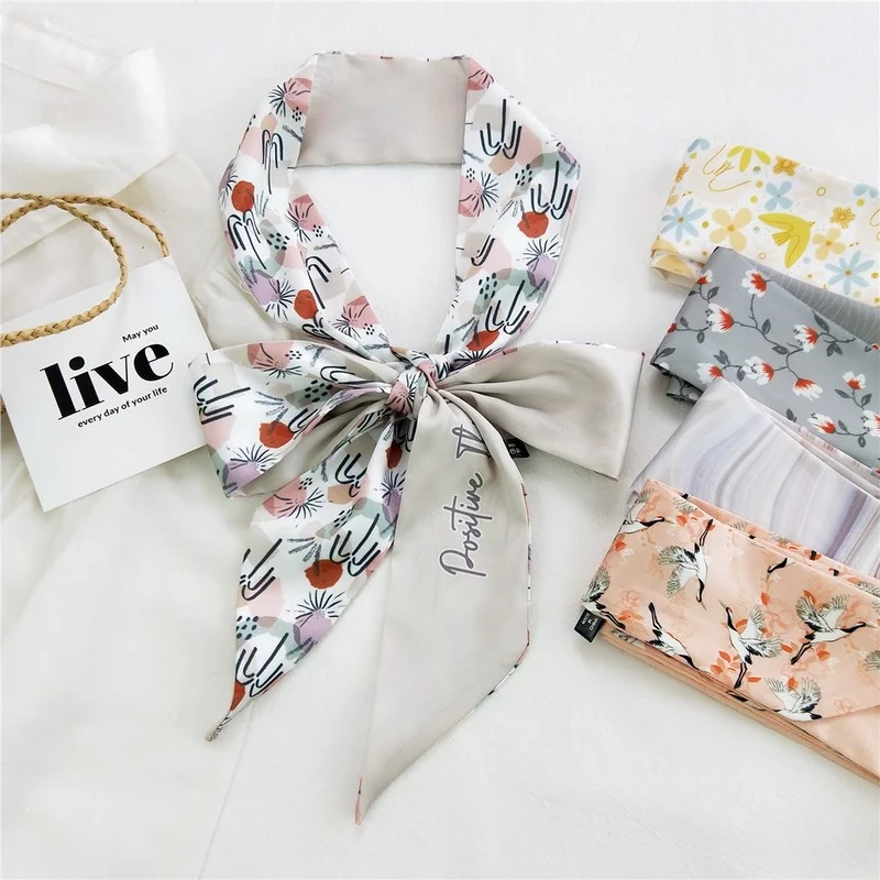 2021 Lady Retro Silk Hair Scarf Women Bandannas Ribbon Bag Belt Headband Narrow Scarfs Decoration Design Wrist Towel Headwear