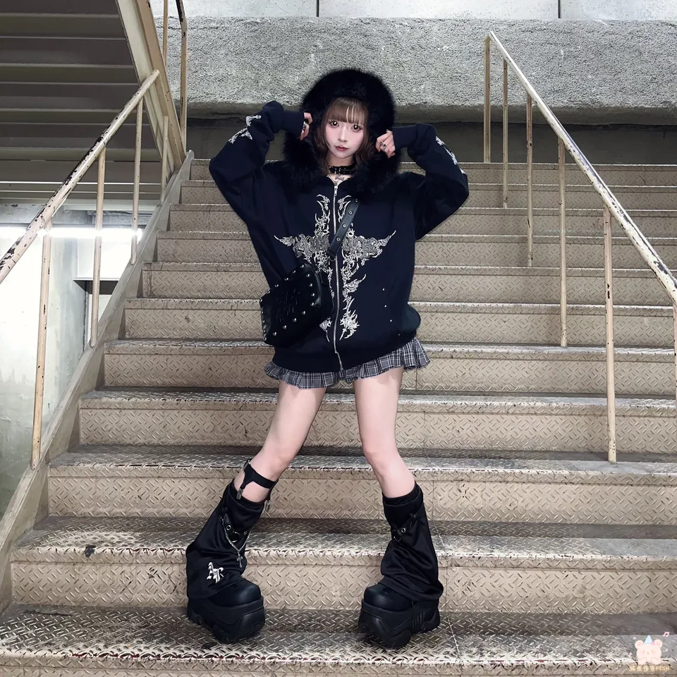 Japanese Mines Style Y2K Fur Collar Hooded Sweatshirt Punk