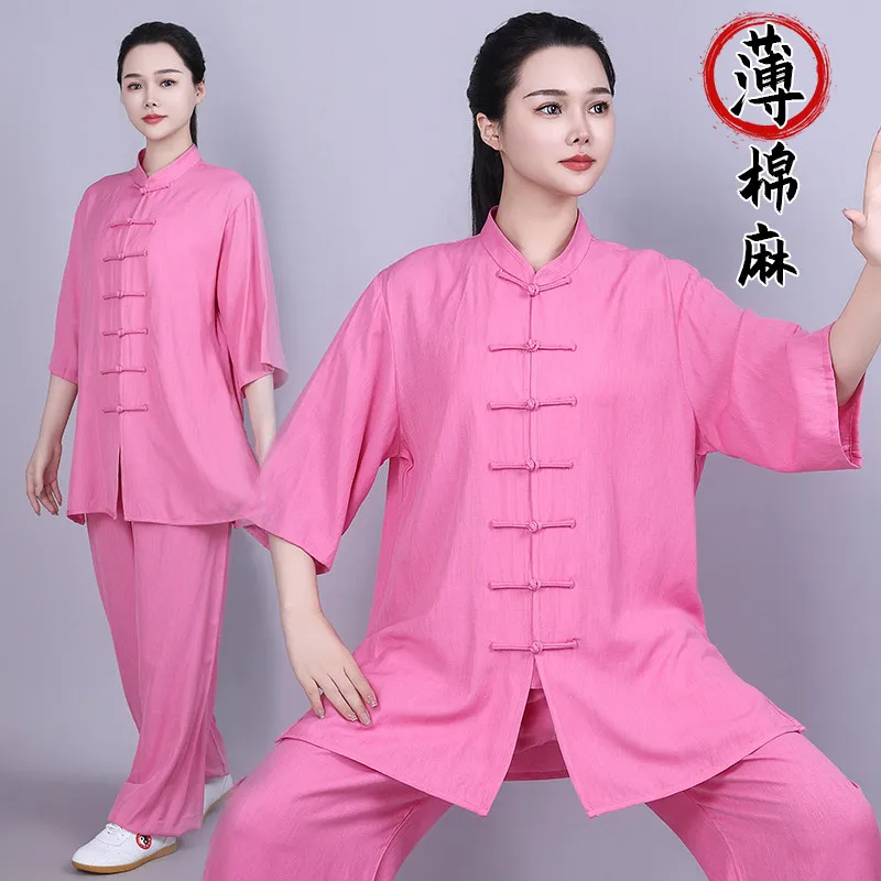 Lightweight Linen Cotton Tai Chi Suit Short Sleeve Senior Group Morning Exercise Martial Arts Training Wear Unisex Adults