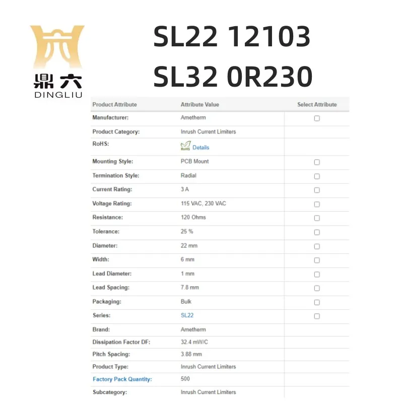SL22 12103  SL32 0R230  Inrush Current Limiters 22mm 120ohms 3A