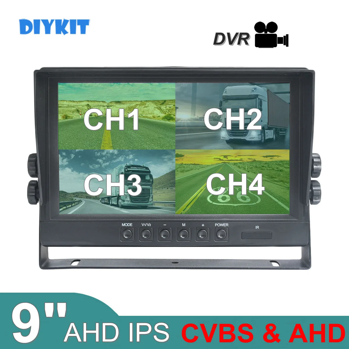 DIYKIT 9inch AHD IPS 1024x800 HD Car Monitor Rear View Monitor Support 256GB SD Card AHD Car Camera Video Recording