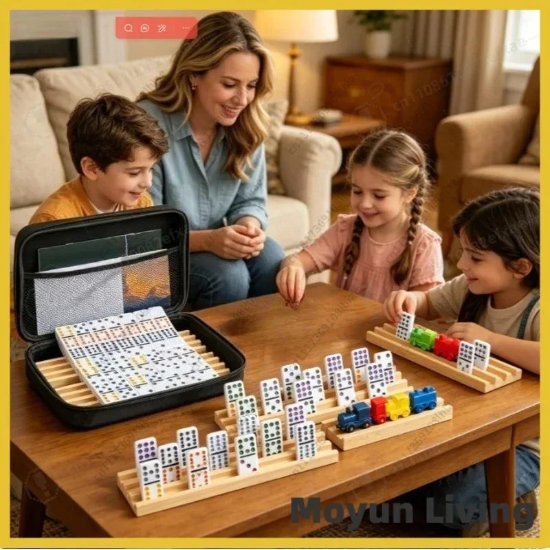 Mexican Train Double 12 Dominoes Set with 4 Wooden Trays/Racks in Portable Carrying Case Colorful 91 Tiles & 9 Trains Board Game