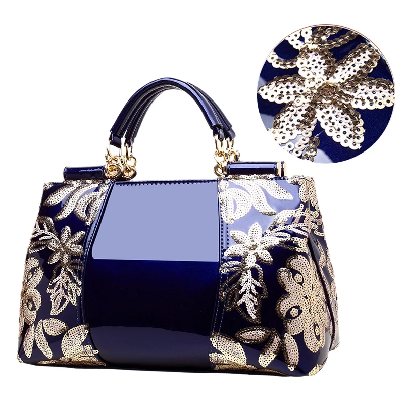 Bolsos bordados para mujer, carteras de cuero, bolso de hombro de lujo, azul marino