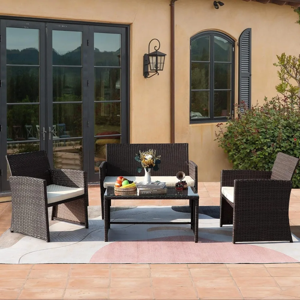 

Patio Conversation Set 4 Pieces, Outdoor Patio Furniture, Black+Blue Rattan with Blue Cushion