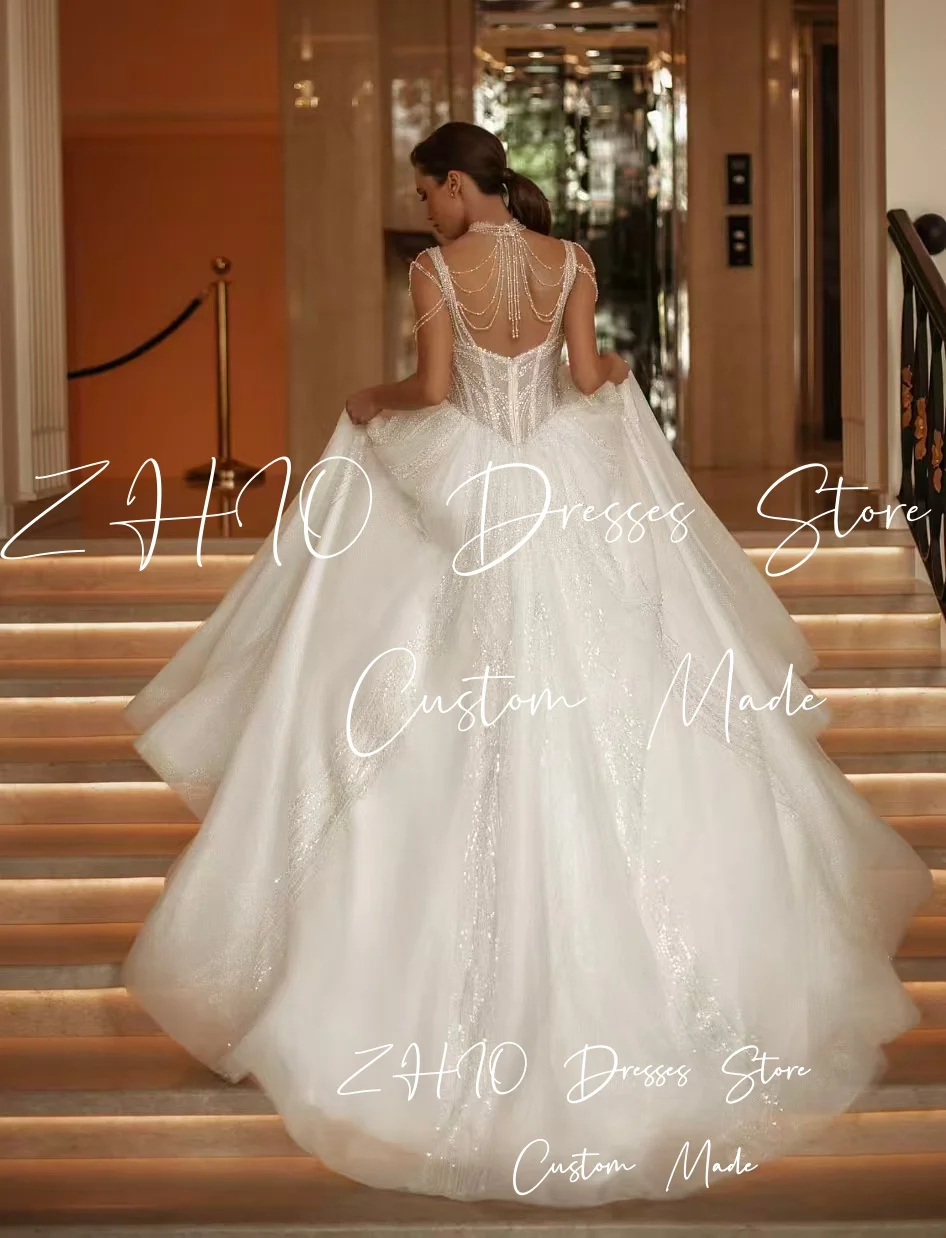 ZHIO Luxury Pearls Wedding Dress Sweetheart Remove Cap Shiny Tulle Sweep Train Woman Bridal Gown Customized Vestido de novia