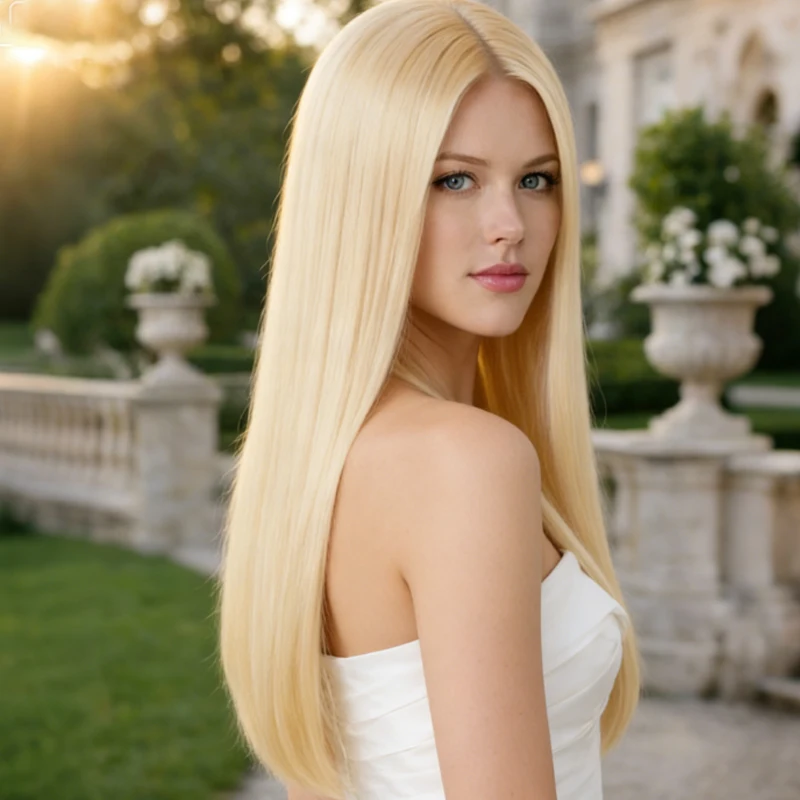 

28-дюймовый женский длинный прямой парик из синтетического золота, универсальный и пушистый, подходит для всех женских праздничных стильных париков.