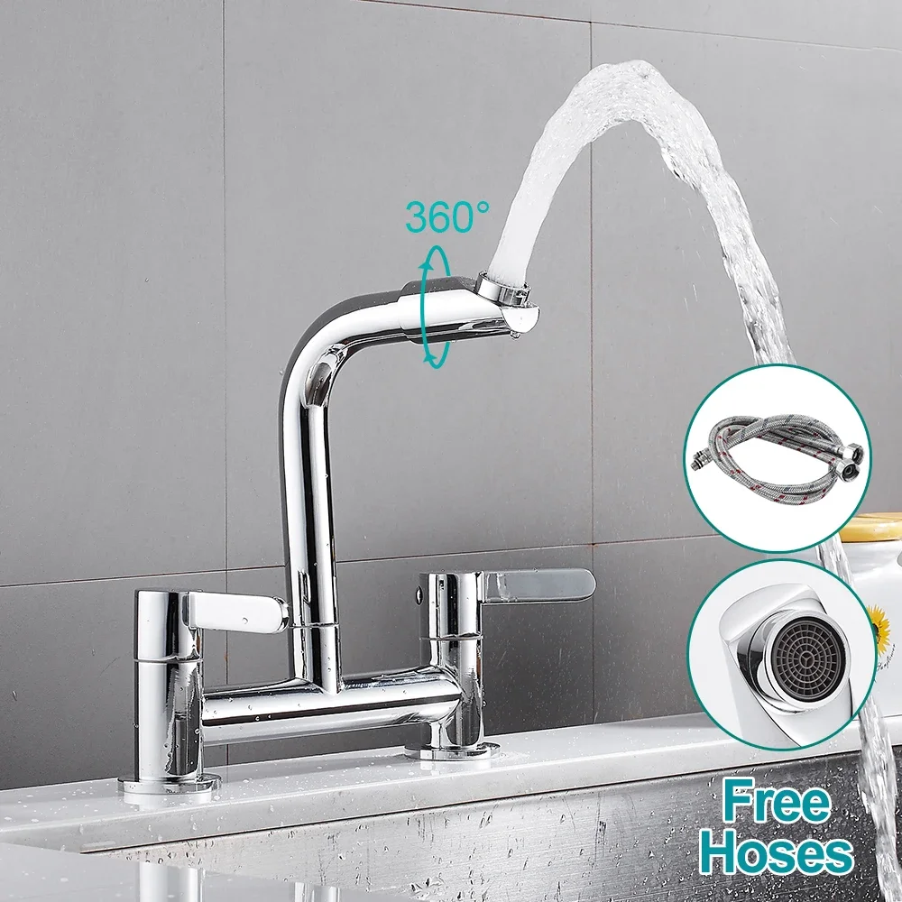 

Kitchen Taps Dual Lever Sink Mixer Taps Traditional Monobloc Mixer Taps for Kitchen Sink Swivel Spout Chrome Double Handles