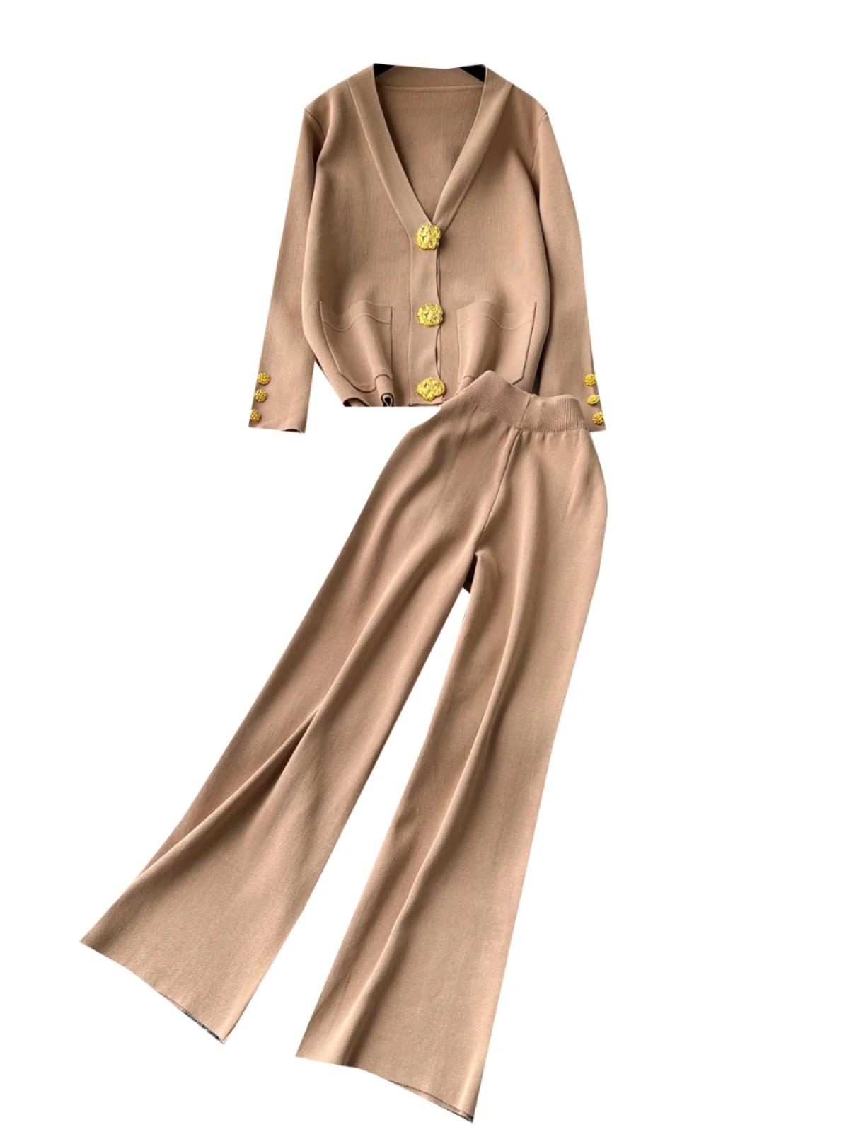 Elegant Women Long Pant Suits Autumn Winter All-Match Gold Buttons Knitted Cardigan+Solid Color Wide Leg Pant 2Pcs Set