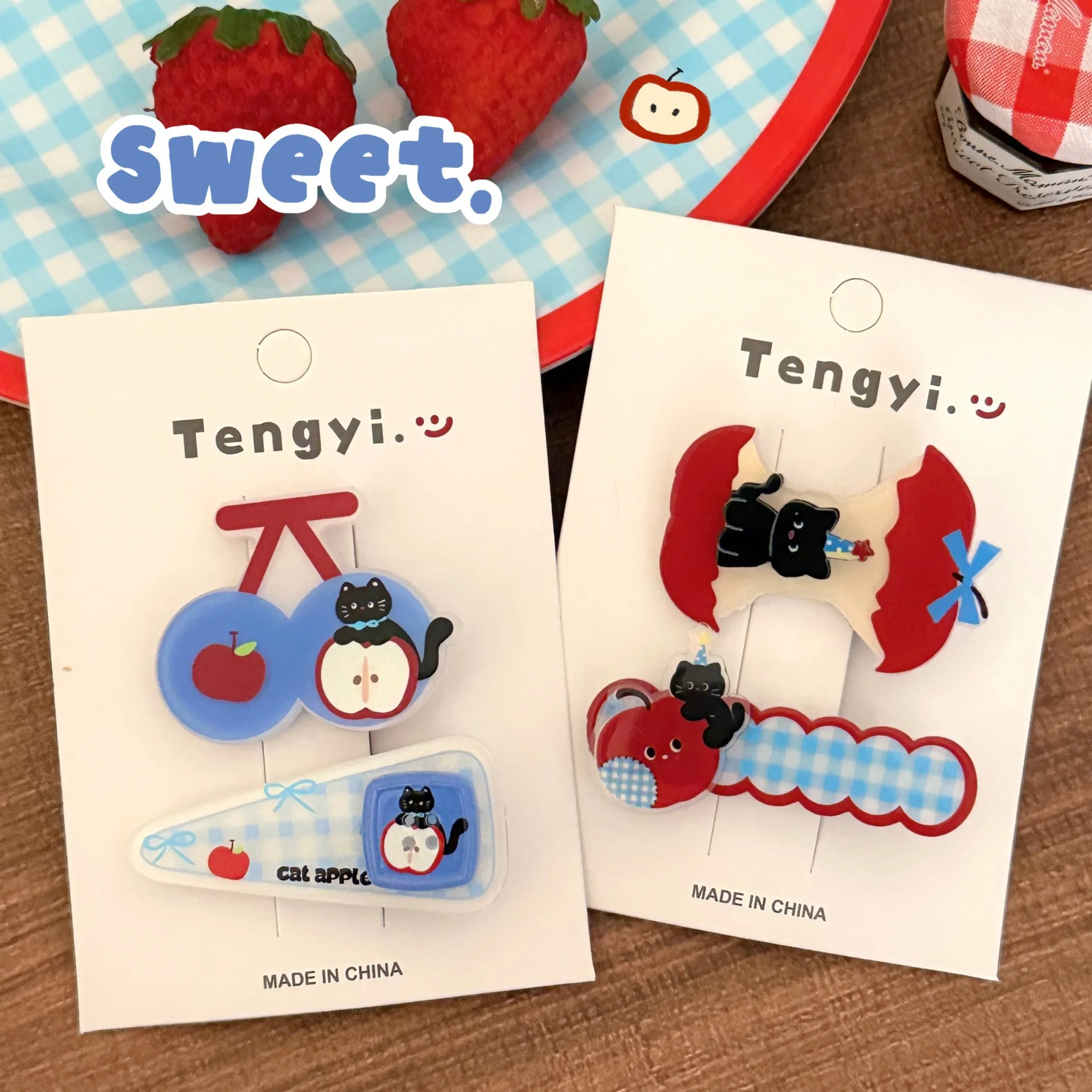 

2pc Cute Funny Style Cartoon Cherry Cat Red Hairpin Hair Side Clips for Girls Women Korean Hair Accessories