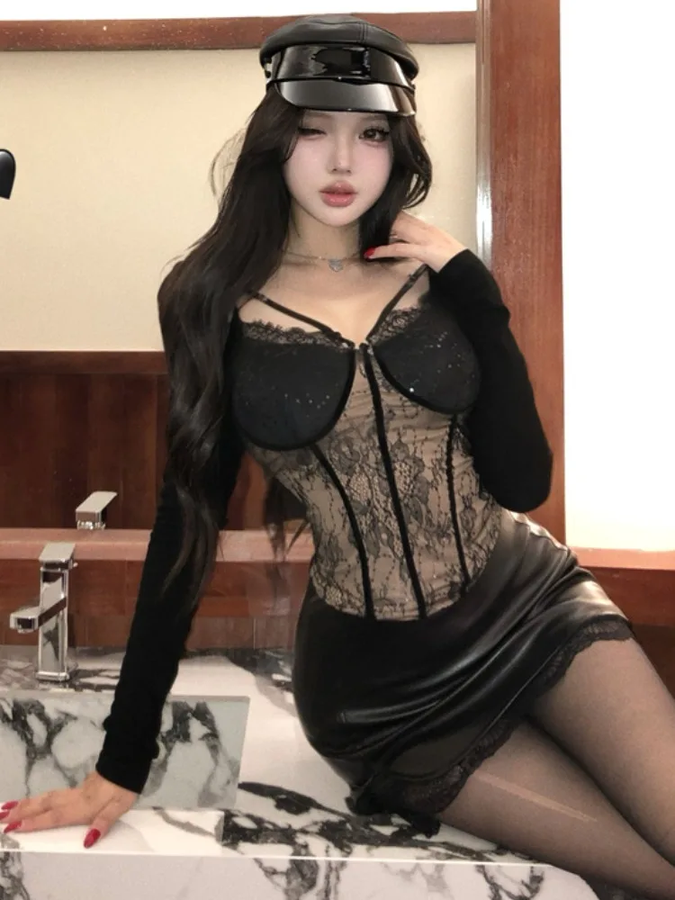 

Slim Fit Lace Patchwork Long Sleeve T-Shirt Women's Winter Black Set PU Leather Wrap around Skirt Two Piece Set Korean S...