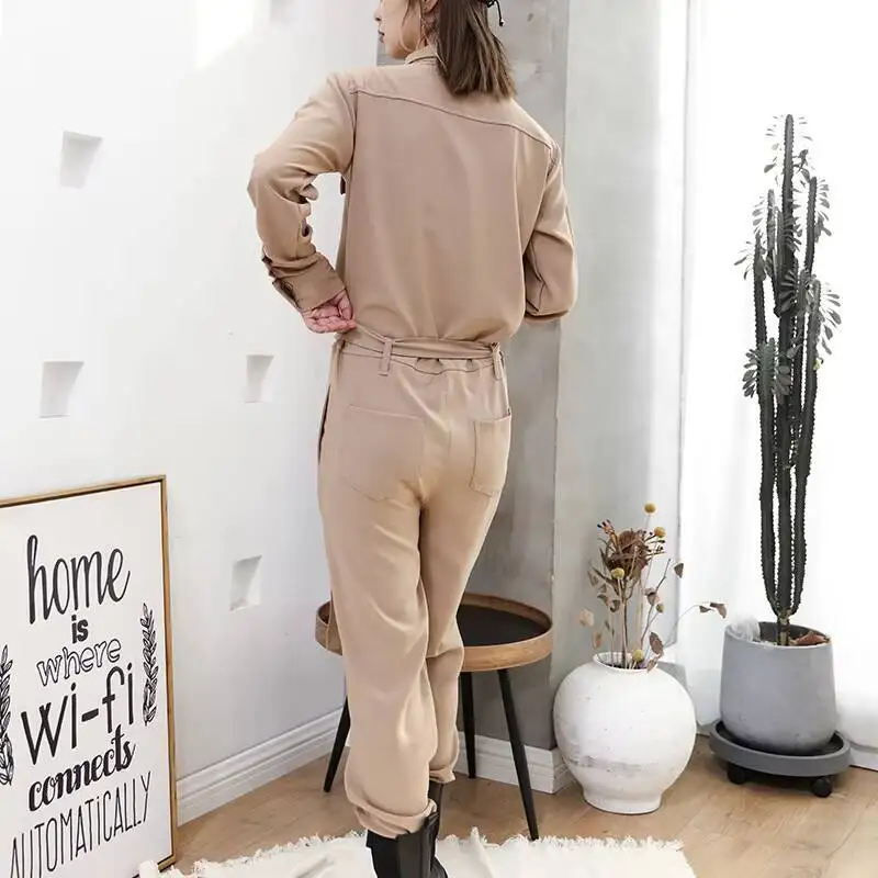 Macacão de carga feminina primavera e outono novo design de zíper fino khaki personalidade casual calças tamanho grande