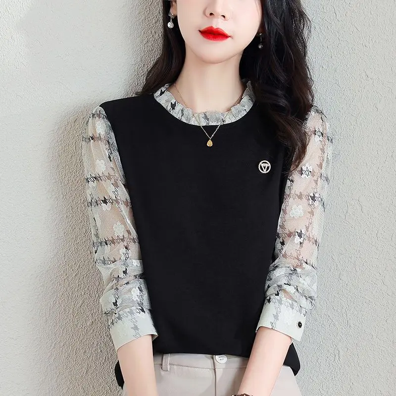 Weibliche Kleidung Casual Gedruckt Chiffon Patchwork Shirt Frühling Herbst Koreanische Rundhals Stilvolle Rüschen Lose Langarm Bluse