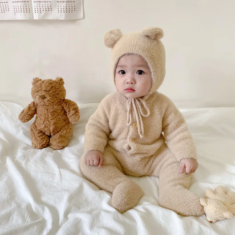 

2024 Winter New Baby Long Sleeve Romper Solid Newborn 100 Days Clothes Cute Bear Hat Infant Boy Girl Cotton Thick Warm Jumpsuit