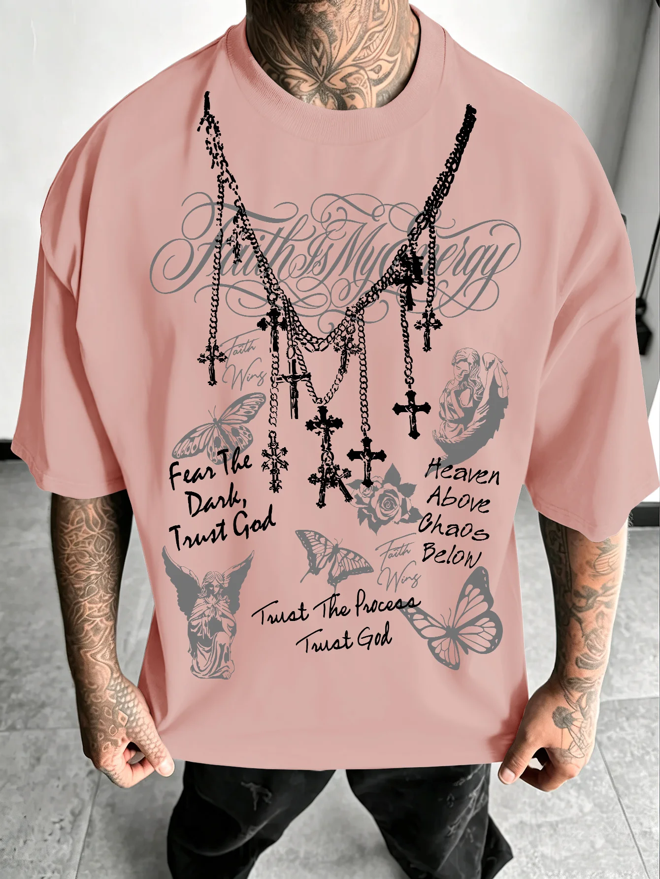 Men's Front Cross Chain Angel Butterfly Rose Print T-shirt, Gothic Belief Y2K Loose High Street Short Sleeved Top