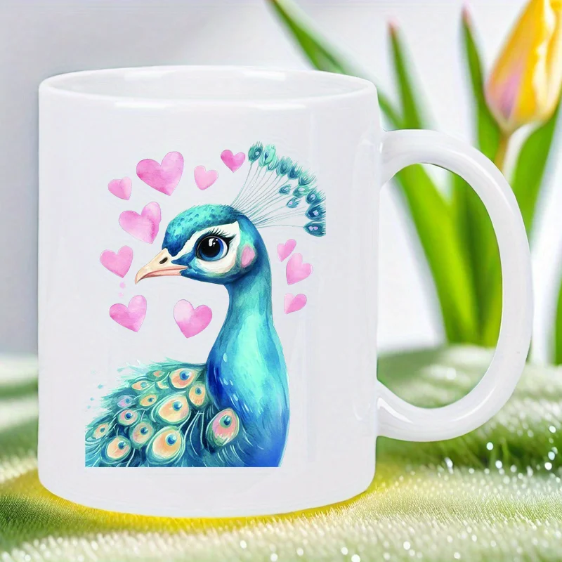 

[Everyday Comfort] Charming Peacock Mug with Heart Accents - Ideal Gift for Coffee & Tea Lovers, Perfect for Breakfast in Bed or