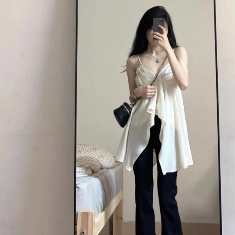 

Niche New High Street Fashion Solid Simple Preppy Style Tank Tops Korean Lrregular V Neck Pleated Soft Shirts Y2k 2000s Clothes