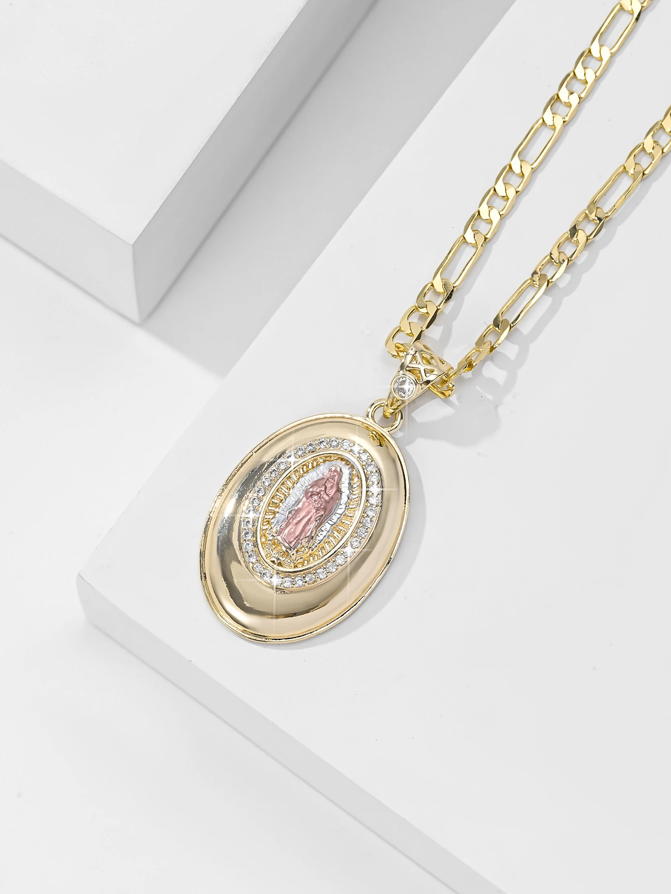 14K Gold-Plated Guadalupe Necklace Box Pendant Religious Zircon Copper Catholic Miracle Medal Virgin Mary Chain Jewelry
