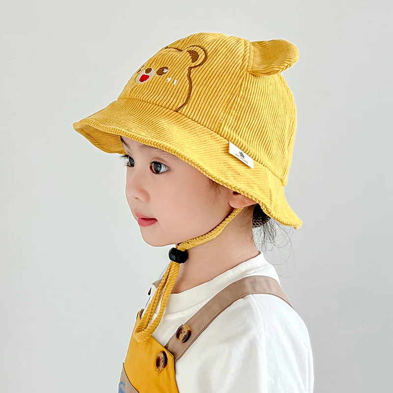 سروال قصير الطفل دلو القبعات لطيف الدب التطريز قبعة الخريف الفتيات الفتيان قبعة صياد مع حبل يندبروف قابل للتعديل 2-5Y #2