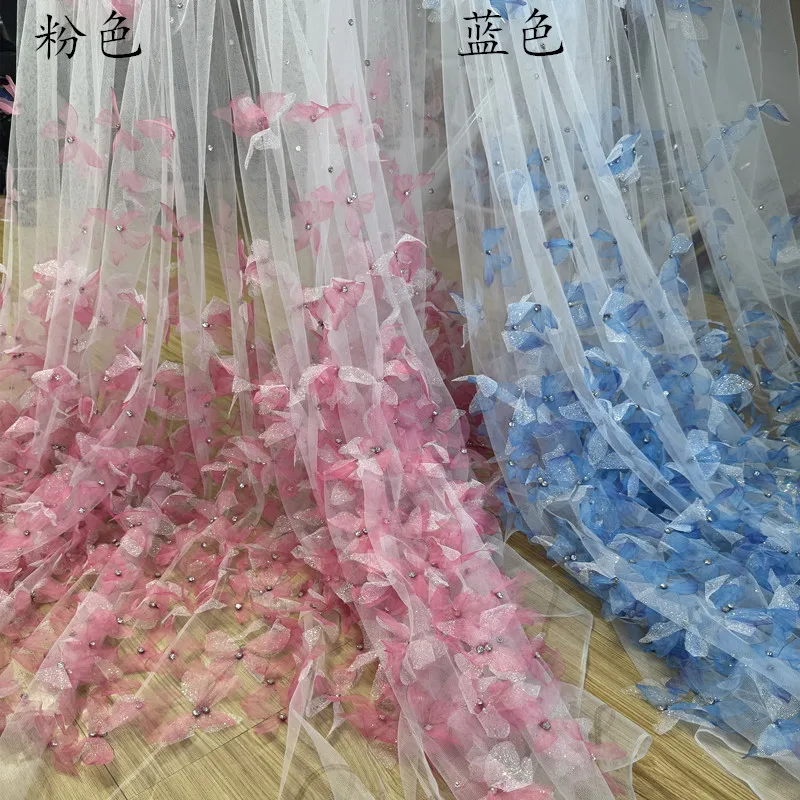

Luxury Butterfly Beaded Mesh Lace Fabric Sparkling Rhinestone Tulle Material For Bridal Gown Performance Outfit Creative DIY