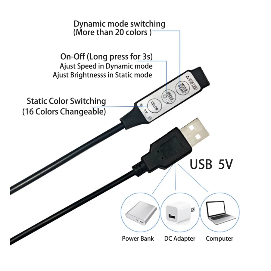LED Strip Light 5050 Flexible Lamp Tape 3key Sound Sensor RGB Ribbon 1M 2M 3M 4M DC5V Decoration TV BackLight