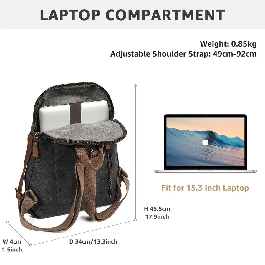 حقيبة ظهر قماشية كلاسيكية للرجال والنساء، حقيبة ظهر للكمبيوتر المحمول، حقيبة ظهر للسفر في الهواء الطلق، أسود #2