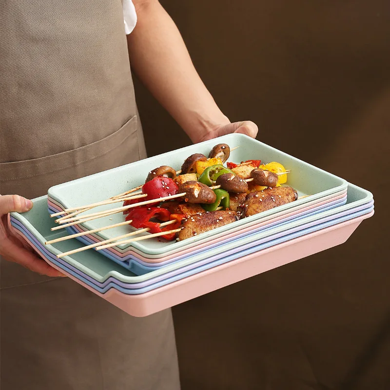 

Wheat Straw Barbecue Food Storage Tray Large Capacity Fruit Vegetable Plate Candy Color Korean Style Rectangle Dining Trays