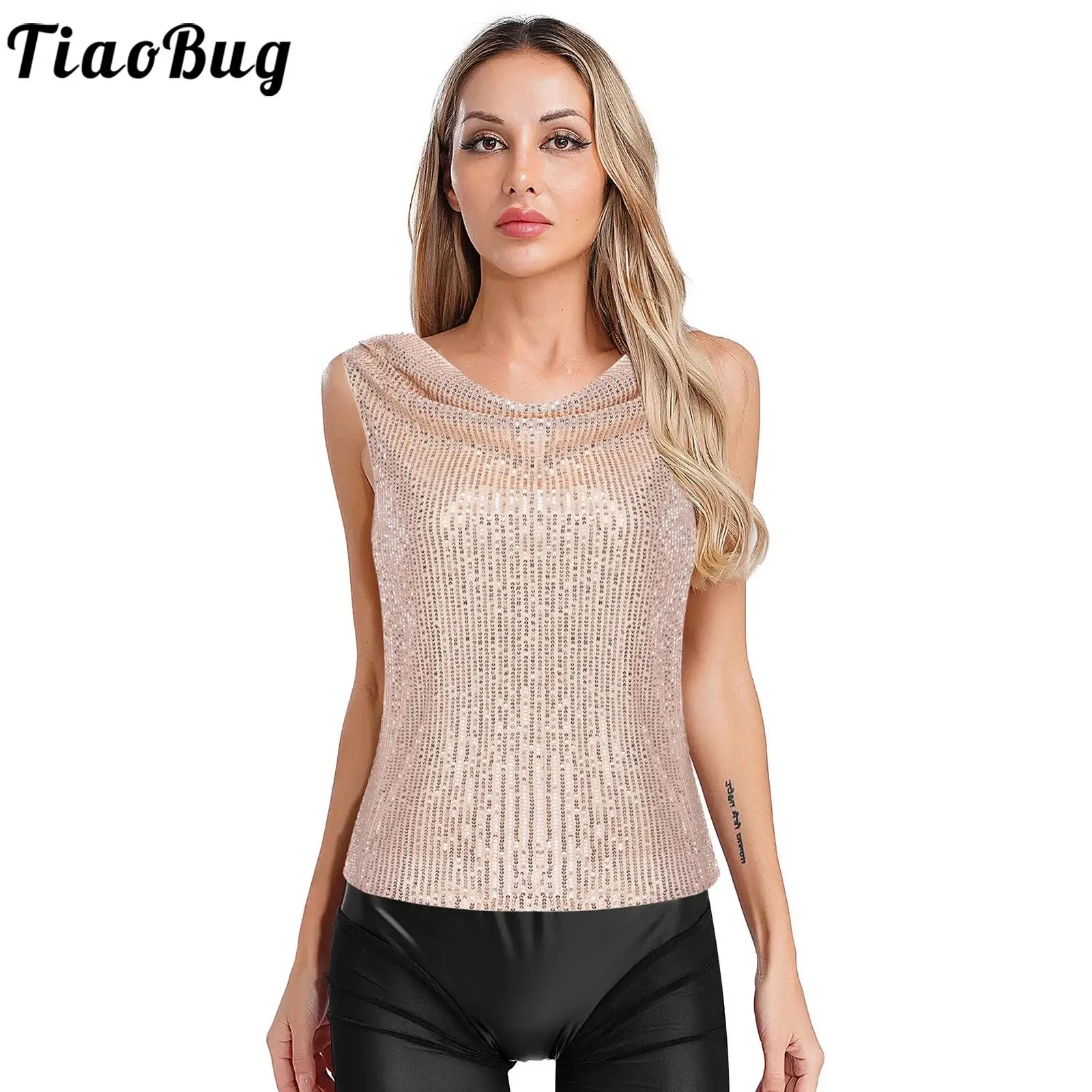

Women Glitter Sequined Tank Top Summer Cowl Neck Sleeveless Pullover Vest Loose T-shirt Fashion Tops for Club Festival Party