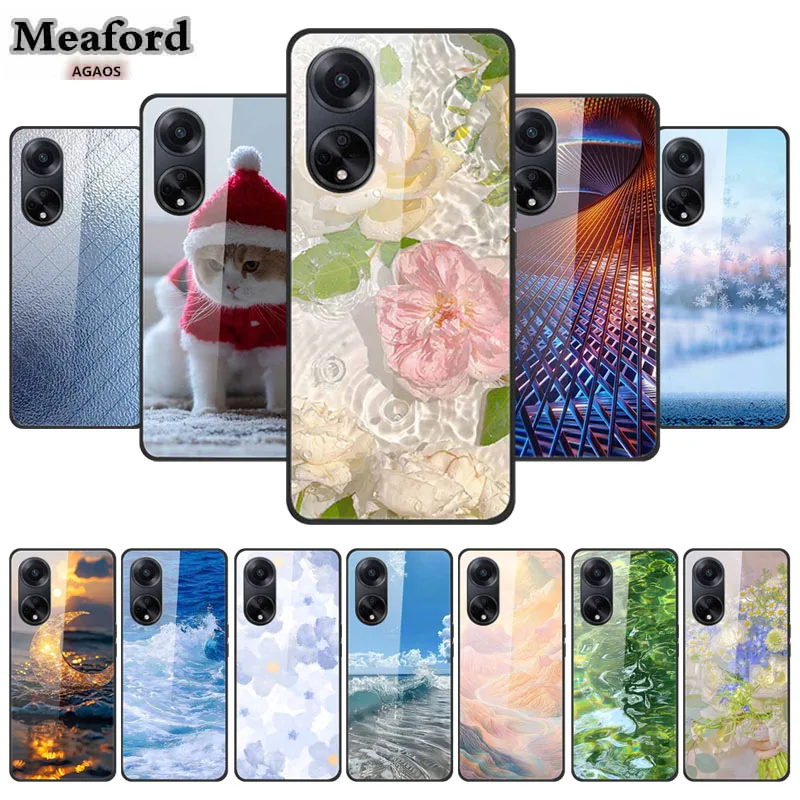 For Oppo A78 Oppo A18 Case Tempered Back Shell Hard Glass Phone Cases For Oppo A38 A58 Cover Coque A58X A98 5G Flowers Funda