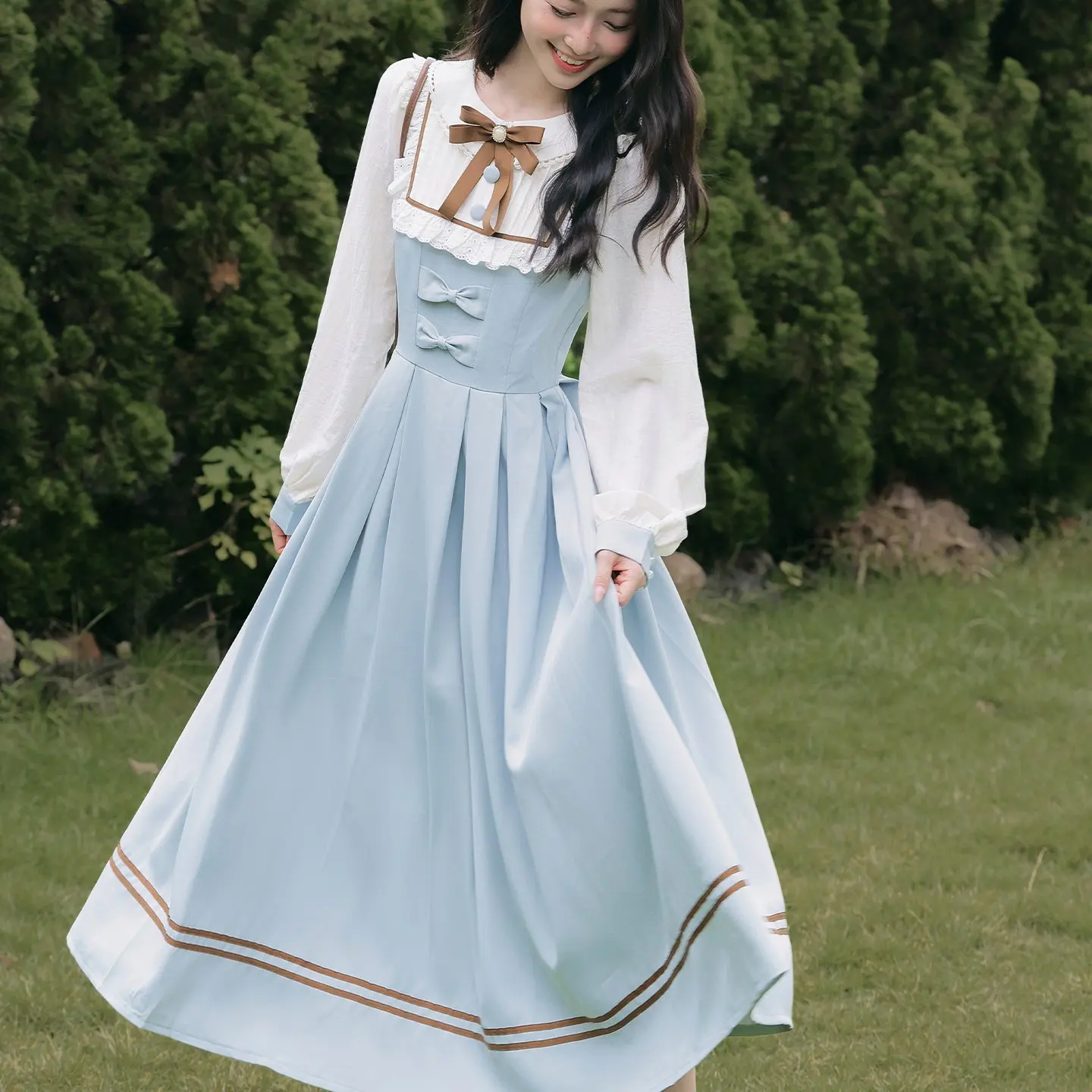 

Ретро-юбка в стиле лолита, синяя, в стиле колледж, милая, с высокой талией, для осеннего сезона, из высококачественной ткани, фасон А-силуэт...