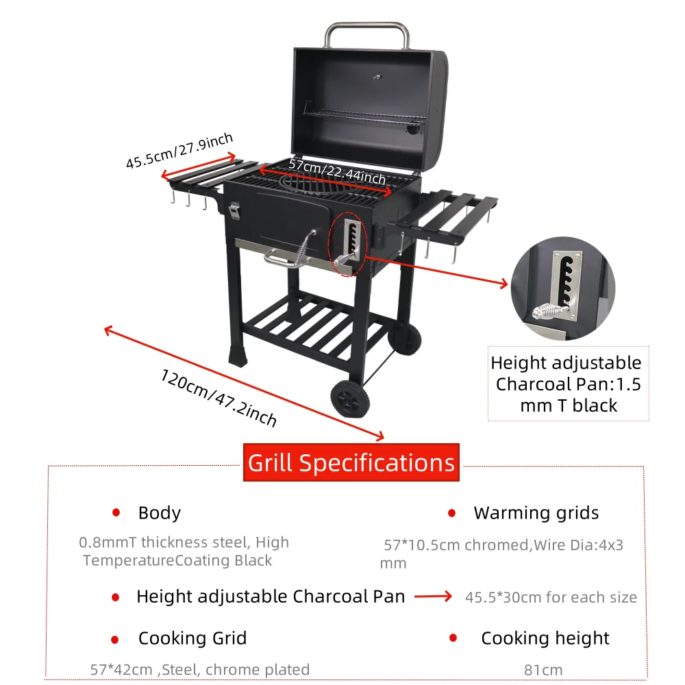 Heavy Duty Portable Modern Steel Powder Coated Trolley Offset Smoker Charcoal Barbecue Grill with Adjustable Height