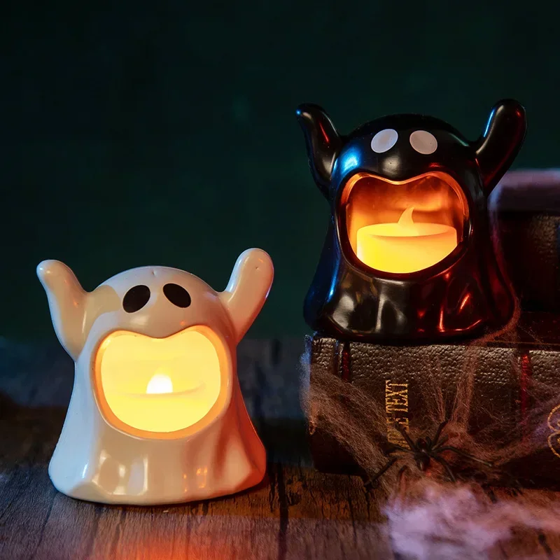 Halloween Candle Holder LED Candlestick Kawaii Ghosts Ornament Lighting Candle Holder Halloween Party Desktop Decor Gift for Kid