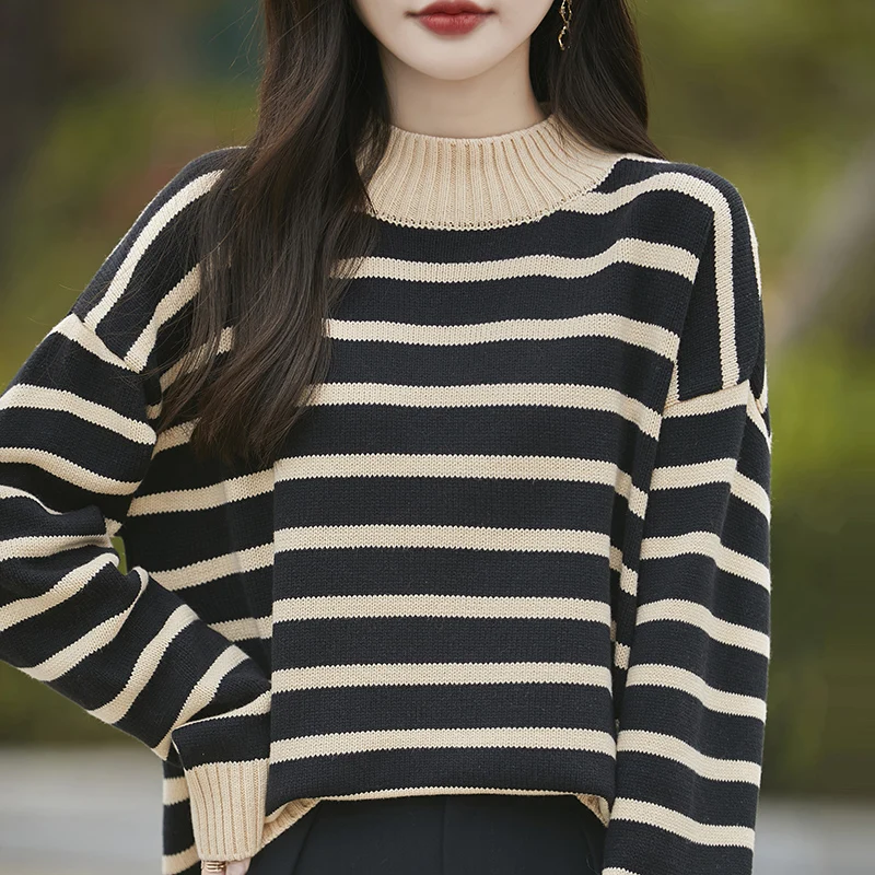 ZOCEPT 100% Pure Cotton Striped Semi High Neck Sweater Women's Autumn Winter Thick Loose Full Sleeve Knitted Base Sweaters