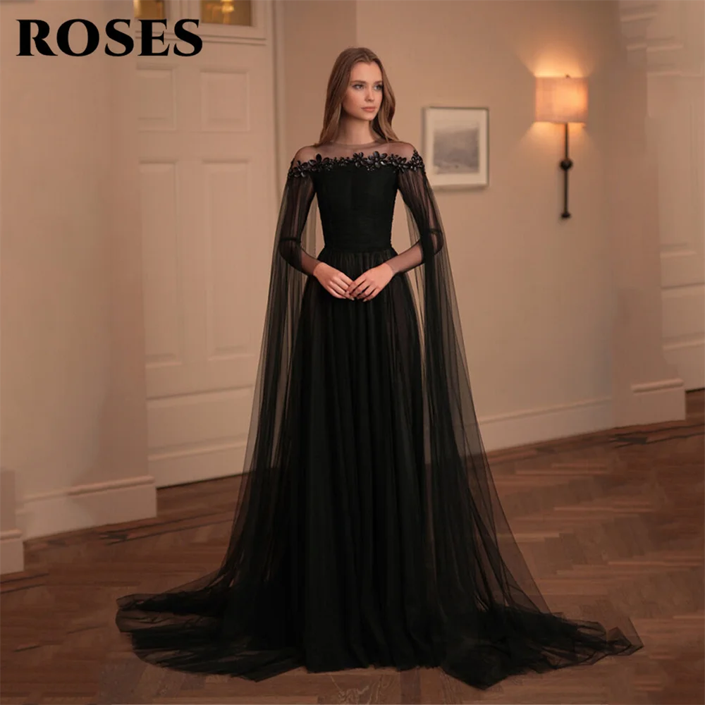 ROSES Black Prom Dresses Off The Shoulder Tulle Wedding Party Dress with Sheer Cape Sleeves and Embellished Neckline Customized