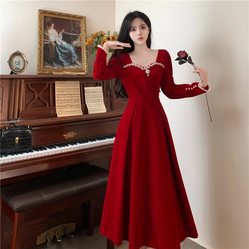 Burgundy Velvet Prom Dresses Square Collar Long Sleeve Pearl Crystal Long Engagement Dress Plus Size Female Formale Gowns