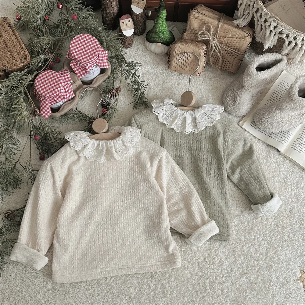 

Baby Clothes Winter Fleece Lace Half-neck Long Sleeve Jacquard T Shirt Soft Comfortable Warm Kids Lace Sweet Baby Casual Top