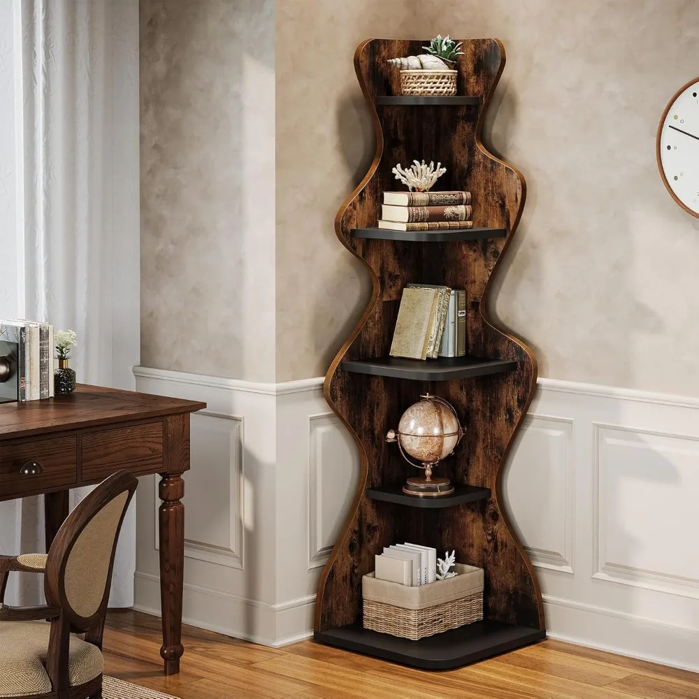 

5-Tier Corner Shelf, 69" Tall Wood Corner Bookshelf Square Rack Display Shelf, Freestanding Corner Storage Plant Stand for Smal